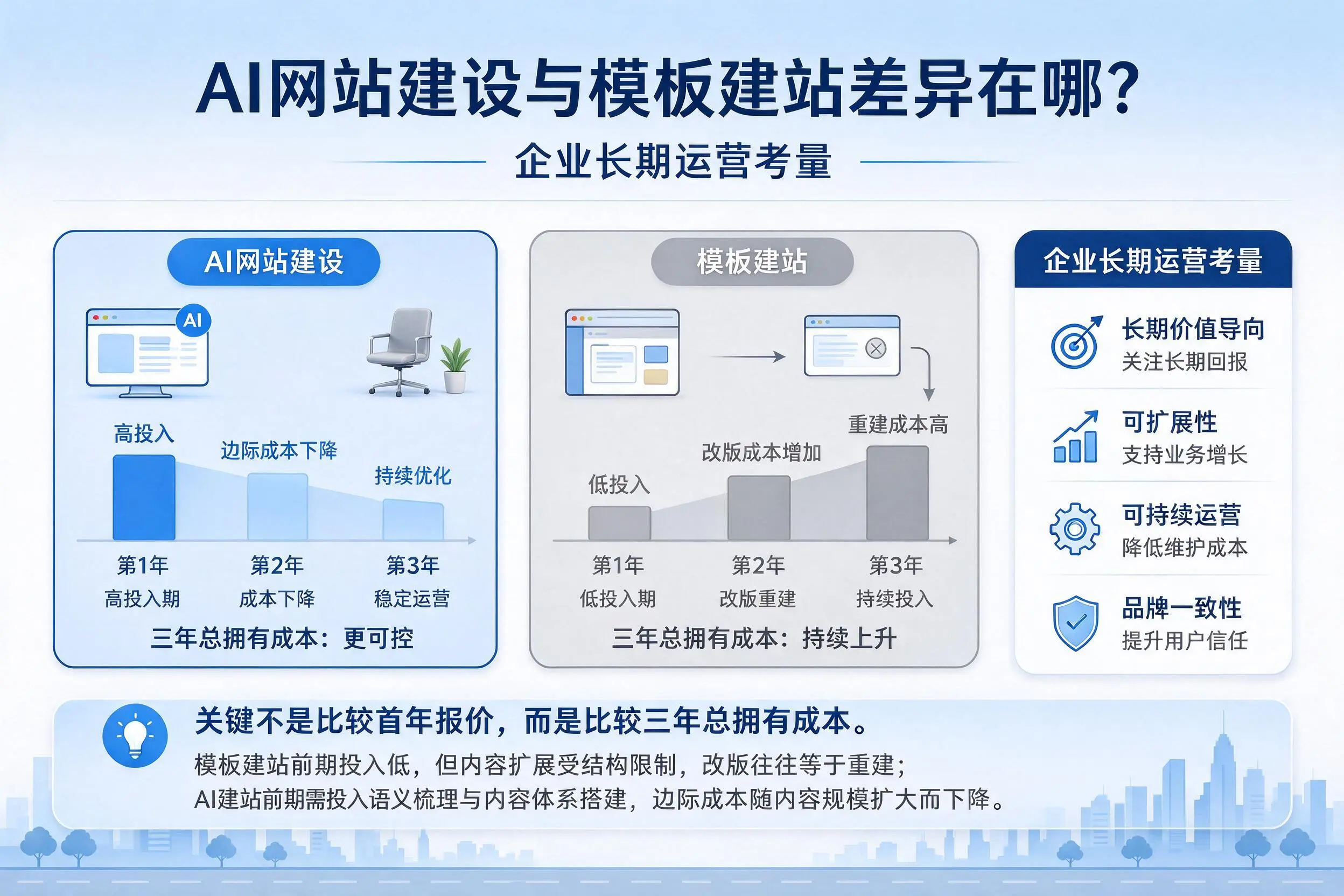 AI网站建设与模板建站差异在哪?湖州企业长期运营考量