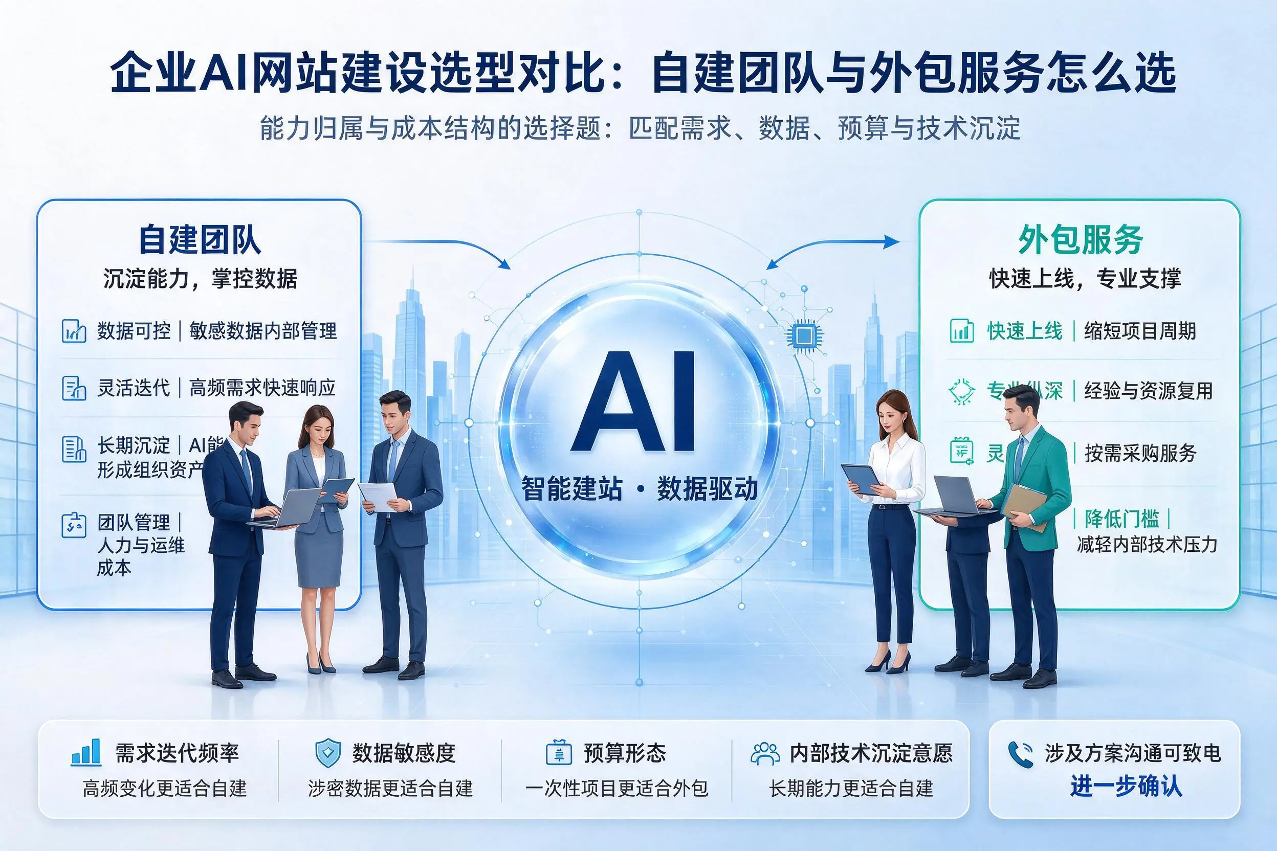 湖州企业AI网站建设选型对比:自建团队与外包服务怎么选